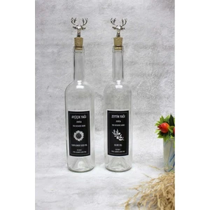 Dibi Çukur Şeffaf Cam Şişe Etiketli Gümüş Geyik Mantar Tıpalı 2'li 750 ml Yağdanlık