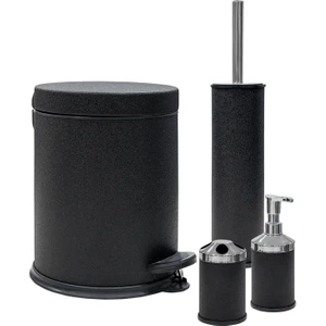 Siyah Kadife -4 Lü Set Pedallı Çöp Kovası Wc Klozet Fırça Sabunluk Diş Fırçalık Seti