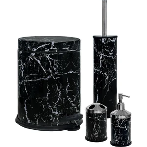 Siyah Mermer-4 Lü Set Pedallı Çöp Kovası Wc Klozet Fırça Sabunluk Diş Fırçalık Seti