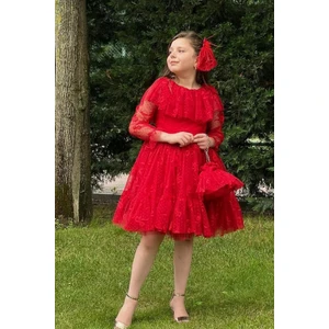 Abiye Kids Dantelli Çantalı Kız Çocuk Tarz Abiye Elbise