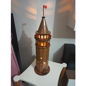 Galata Kulesi Ahşap Işıklı Büyük Boy 60 Cm. Ceviz Renk