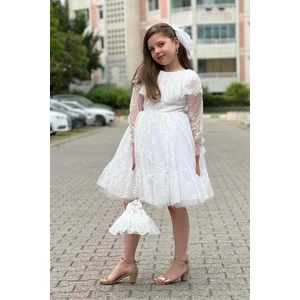 Abiye Kids Dantelli Çantalı Kız Çocuk Tarz Abiye Elbise