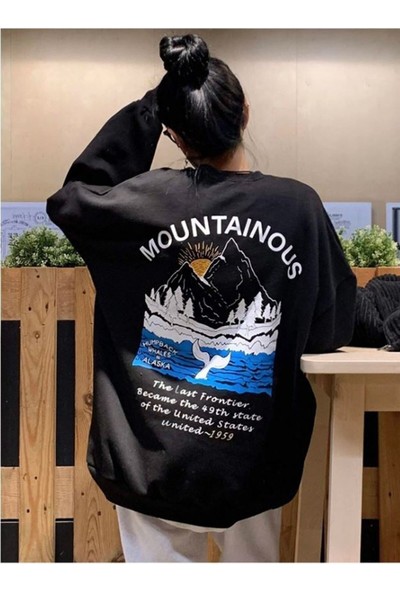 Laluvia Siyah Mountain Baskılı Oversize Sweatshirt