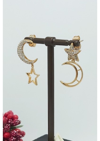 Rose Altın Kaplama Vip Seri Ay Yıldız Küpe 2,4 cm modelleri