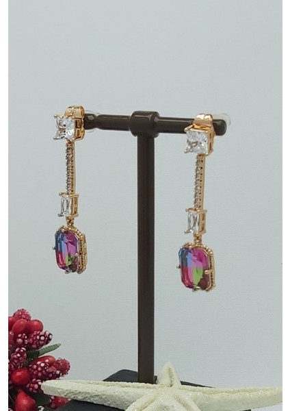 Rose Altın Kaplama Vip Seri Kare Renkli Taşlı Sallantılı Küpe 3,5 cm modelleri