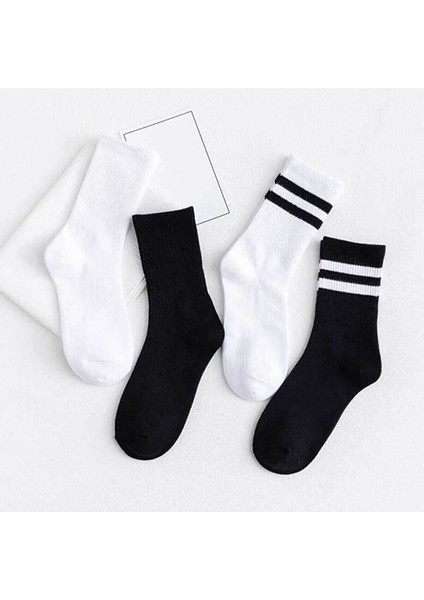 Meguca Socks Unisex Siyah Beyaz Çizgili ve Düz Spor Kolej Çorap Seti 4 Çift