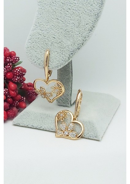 Rose Altın Kaplama Vip Seri Çiçekli Kalp Sallantılı Zarif Küpe 3 cm
