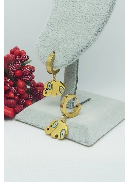 Altın Kaplama Turkuaz Fil Çelik Küpe 2,5 cm