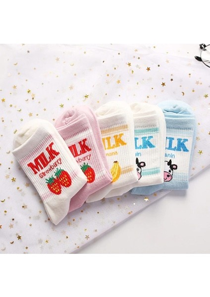 Meguca Socks Kadın Renkli Milk Yazılı Kolej Çorap Seti 5 Çift