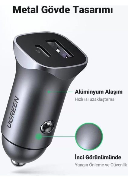 Pd 30W Scp 22.5W Type-C USB Alüminyum Araç Çakmaklık Şarjı