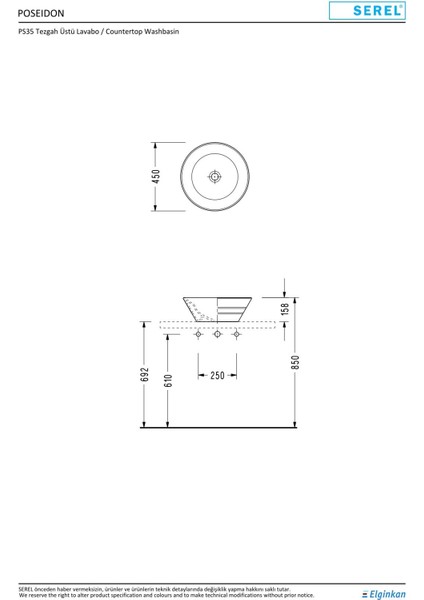 Poseidon 45 cm Tezgah Çanak Lavabo Batarya Deliksiz PS35DXS110H