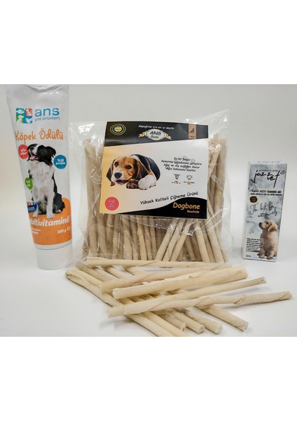 Puppy Burgu Beyaz Çubuk Kemik Eko 50'Li Torba Çiğneme Kemiği + Multivitamin + Tuvalet Eğitim Damlası
