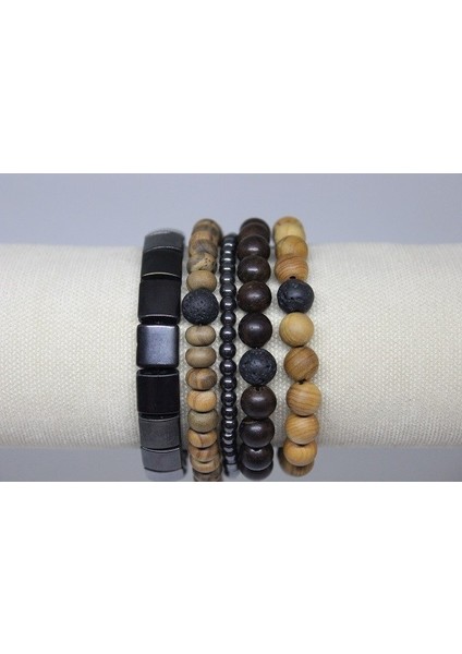 Hematit Doğal Taşlı & Ahşap Boncuklu Erkek Bileklik 5'li Set (Sınırlı Sayıda Üretim)