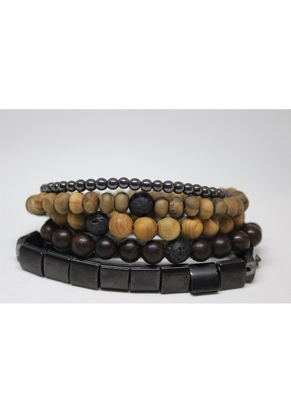 Hematit Doğal Taşlı & Ahşap Boncuklu Erkek Bileklik 5'li Set (Sınırlı Sayıda Üretim) modelleri