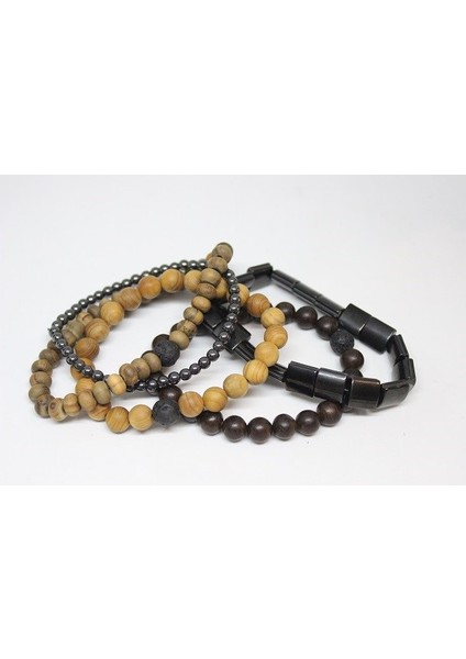 Hematit Doğal Taşlı & Ahşap Boncuklu Erkek Bileklik 5'li Set (Sınırlı Sayıda Üretim) fırsatları