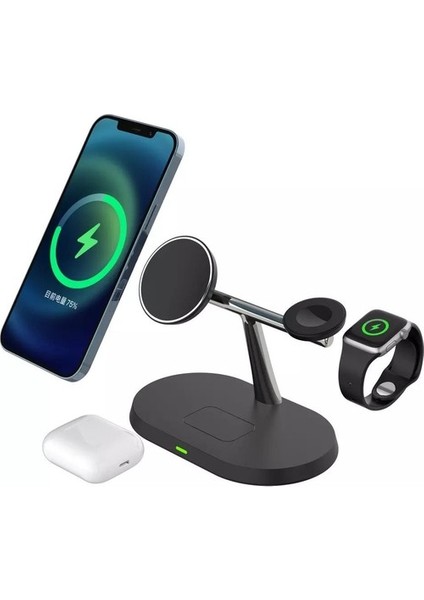 BW04 3IN1 Apple Kablosuz Wireless Hızlı Şarj Standı Watch Airpods iPhone Samsung Uyumlu (Kablosuz Şarj Standı)-Siyah