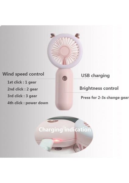 USB Şarj Edilebilir Gece Lambası Özellikli Üç Hız Seviyeli Fan - Pembe (Yurt Dışından)