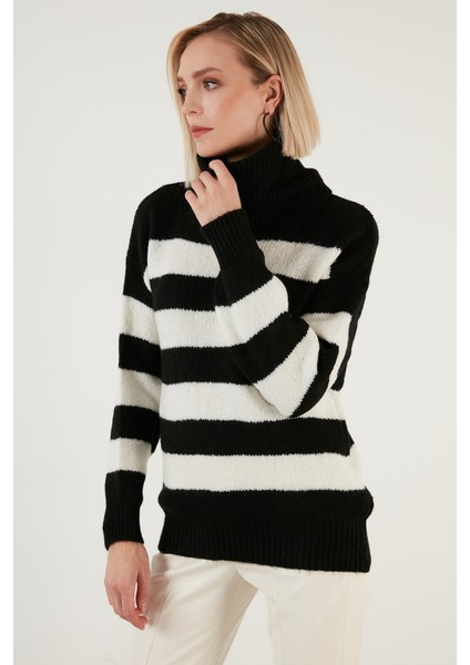 Renk Bloklu Balıkçı Yaka Kalın Kışlık Kazak Bayan Kazak 4615017