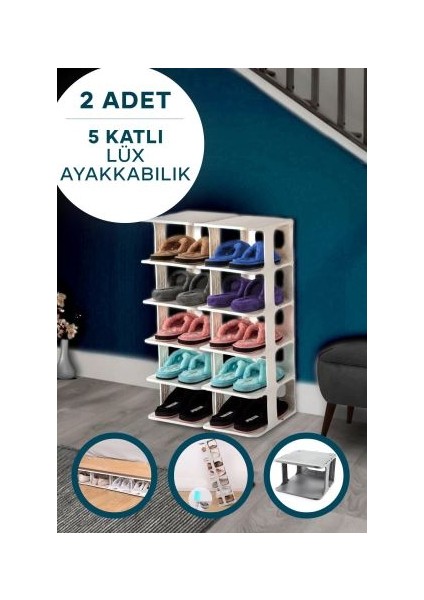 2 Adet Beyaz Ayakkabılık 5 Katlı Plastik Ayakkabı Düzenleyici Organizer Raf Ünitesi