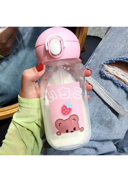 Kawaii Ayı Cam Su Şişeleri Sevimli Karikatür Kupası ile Saman Taşınabilir Sızdırmaz Çocuklar Su Şişesi Kız Okul Içme Kupası | Su Şişeleri (Pembe)
