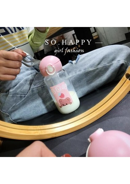 Kawaii Ayı Cam Su Şişeleri Sevimli Karikatür Kupası ile Saman Taşınabilir Sızdırmaz Çocuklar Su Şişesi Kız Okul Içme Kupası | Su Şişeleri (Pembe)