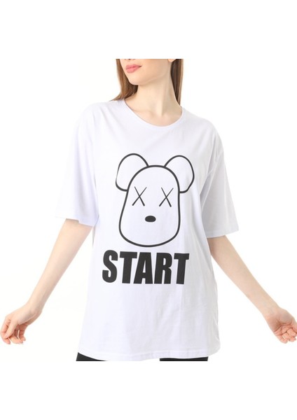 Beyaz Start Baskılı Oversize Tshirt