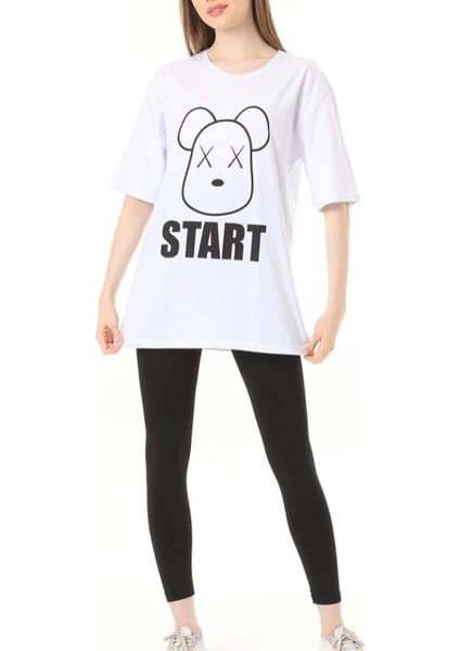 Beyaz Start Baskılı Oversize Tshirt