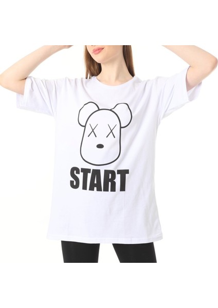 Beyaz Start Baskılı Oversize Tshirt