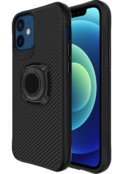 Apple Iphone 12 Kılıf Karbon Desenli Lux Yüzüklü Timo Kapak