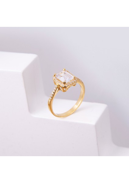 Zirkon Taşlı Baget Tek Taş Gold Gümüş Yüzük