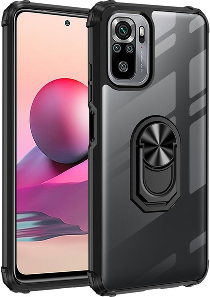 Xiaomi Redmi Note 10 Kılıf Silikon Kenarlı Yüzüklü Manyetik Şeffaf Mola Kapak