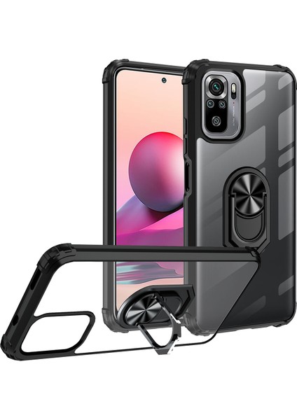 Xiaomi Redmi Note 10 Kılıf Silikon Kenarlı Yüzüklü Manyetik Şeffaf Mola Kapak