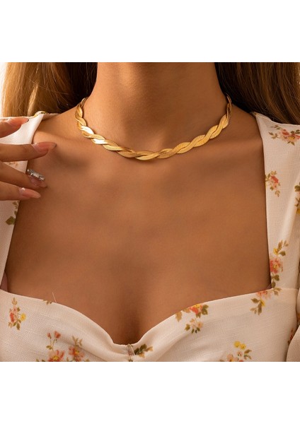 Trendy Altın Renk Örgü Yılan Zincir Gerdanlık Kolyeler - Altın (Yurt Dışından)