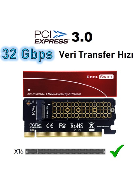 Coldswift M.2 NVMe (M-Key) to PCIe 3.0 X16 Alüminyum Soğutuculu Dönüştürücü Çevirici Adaptör (Kırmızı)