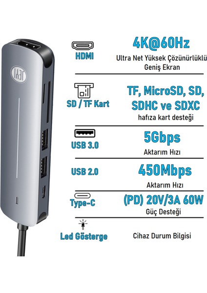 Type-C to (4K/60Hz UHD HDMI USB 3.0 USB 2.0 TF/MicroSD USB Type-C PD 60W) 6in1 HUB Dönüştürücü Çevirici Adaptör