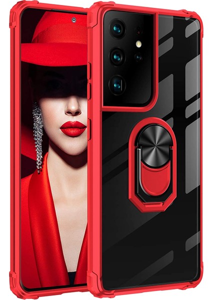 Samsung Galaxy S21 Ultra Kılıf Yüzüklü Manyetik Şeffaf Mola Kapak