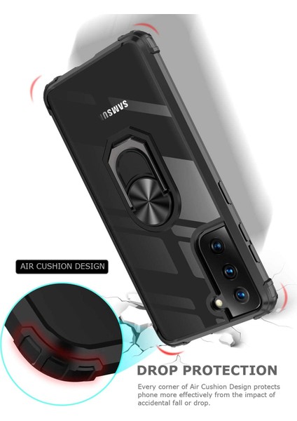 Samsung Galaxy S21 Plus Kılıf Yüzüklü Manyetik Şeffaf Mola Kapak