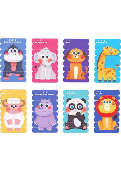 64PCS 8 Desenler Ahşap Bulmacalar Hayvan Aracı Erken Eğitim Yapboz Oyuncakları