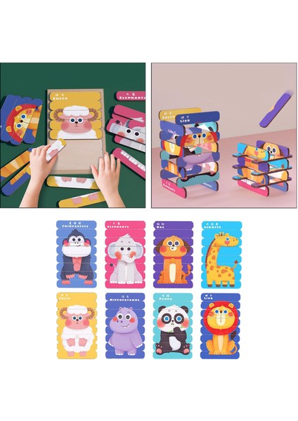 64PCS 8 Desenler Ahşap Bulmacalar Hayvan Aracı Erken Eğitim Yapboz Oyuncakları