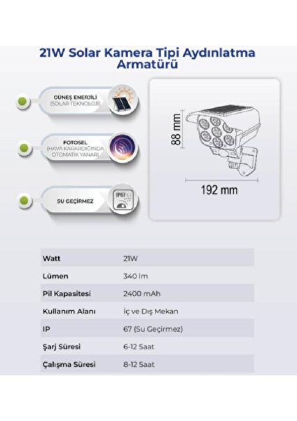 AYT Çözüm Güneş Enerjili Sensörlü 21 W Kamera Tipi Kumandalı Aydınlatma Armatürü