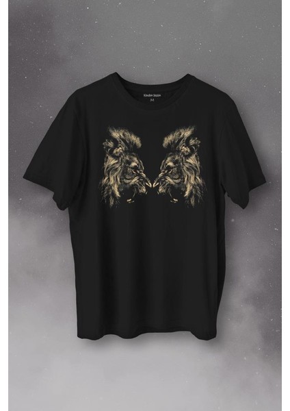 Karşılıklı Kükreyen Aslan Kafaları Lion Head Baskılı Tişört T-Shirt