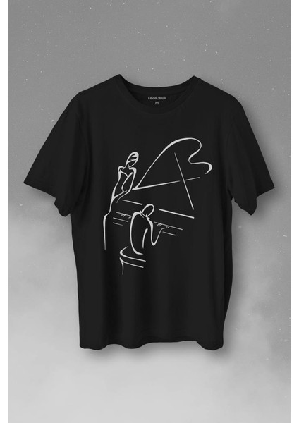 Piyano Başında Romantik Müzik Aşkı Müzikal Aşıkları Baskılı Tişört T-Shirt