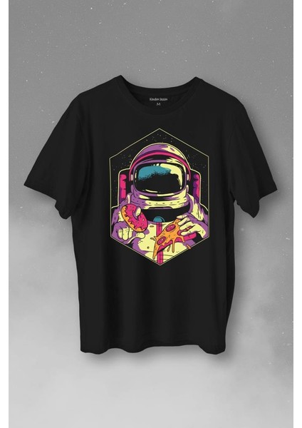 Uzayda Yemek Donut Pizza Yiyen Astronot Cosmos Baskılı Tişört T-Shirt