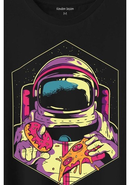 Uzayda Yemek Donut Pizza Yiyen Astronot Cosmos Baskılı Tişört T-Shirt fiyatları