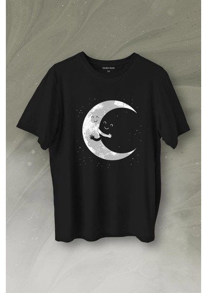 Uzayda Sarılan Ay Aşık Smile Cosmos Gülümsemesi Baskılı Tişört T-Shirt