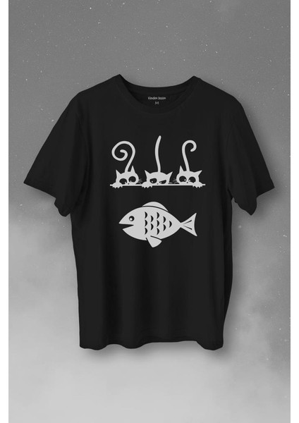 Balık ve 3 Kedi Fish Cats Baskılı Tişört T-Shirt