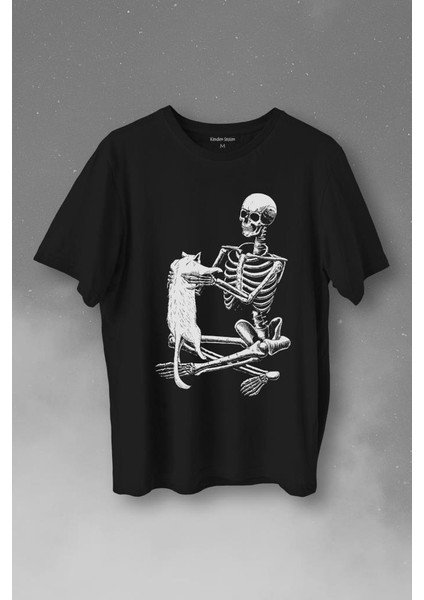 Iskelet Ölünceye Kadar Kedi Seveceğim Skeleton Cat Love Baskılı Tişört T-Shirt