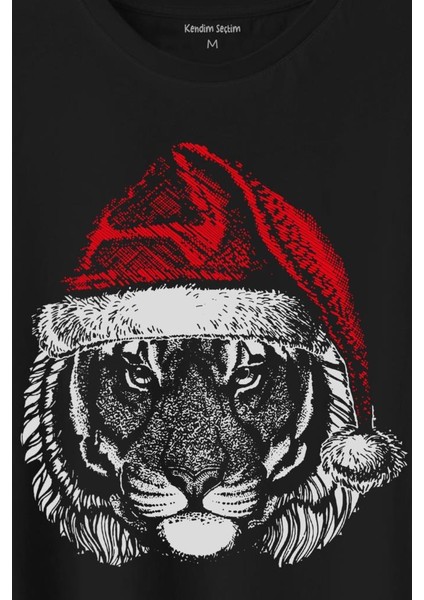 Tiger Wild Cat Kaplan Fesli Noel Şapkalı Yılbaşı Christmas Baskılı Tişört T-Shirt fiyatları