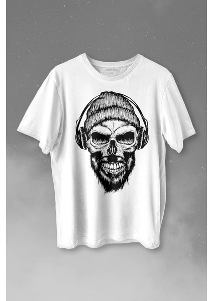 Müzik Dinleyen Bereli Kuru Kafa Kulaklık Bere Skull Listen Music Baskılı Tişört T-Shirt Beyaz