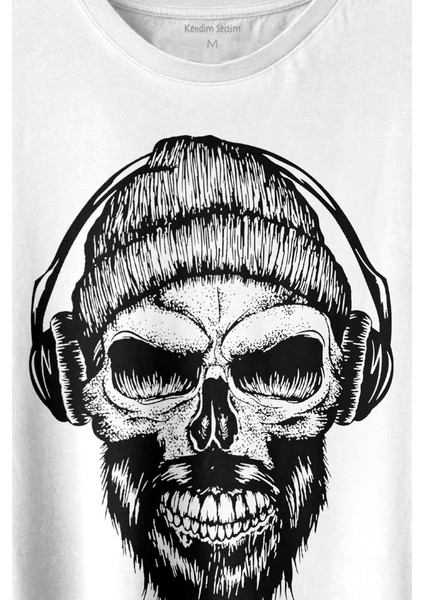 Müzik Dinleyen Bereli Kuru Kafa Kulaklık Bere Skull Listen Music Baskılı Tişört T-Shirt Beyaz fiyatları
